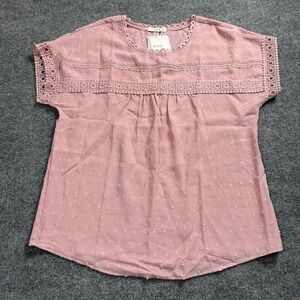 UVN Pink Swiss Dot (Pom Pom)‎ Blouse Lace Eyelet Trim Short Sleeve Top NWT